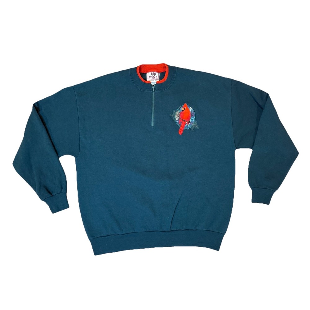 Vintage 90s Grandma Red Green Sweatshirt Mock Neck Winter Cardinals Birds USA XL
